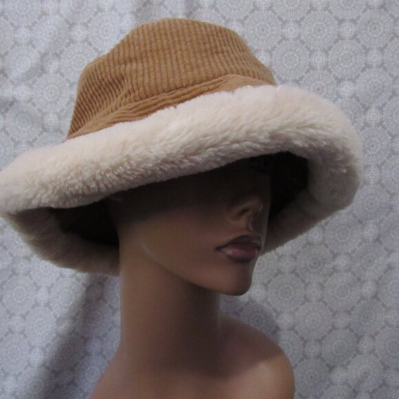 Faux Fur Trim Corduroy Bucket Hat with Fleece Lining, Adult OS - Picture 2 of 6